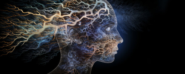 Two images of a fractal human silhouette, a person's head and brain with fractal veins, consciousness projection of a cyborg.