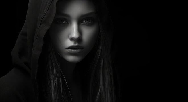 A dark fantasy portrait, a cute face, a black and white photo of a woman in a hoodie.