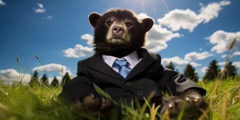 A bear dressed in a suit sitting in the grass. Generative AI.
