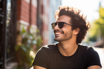 An attractive man, a smiling male wearing sunglasses and a black shirt.