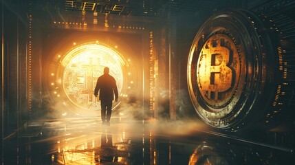 Man walking through a vault door inside a world made of Bitcoins and gold stepping into a realm of endless wealth