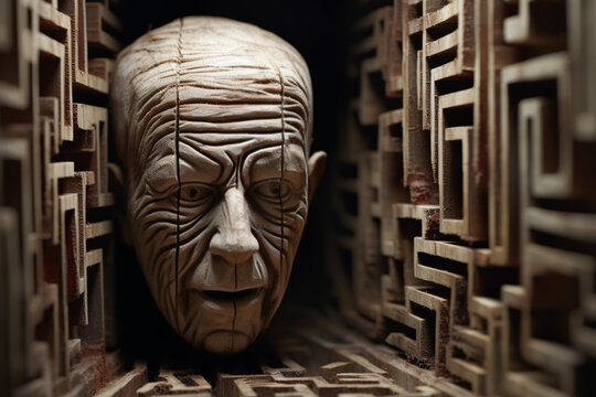 A creepy carved expression, a wooden sculpture of an old man's face, a tortured face carved in wood.