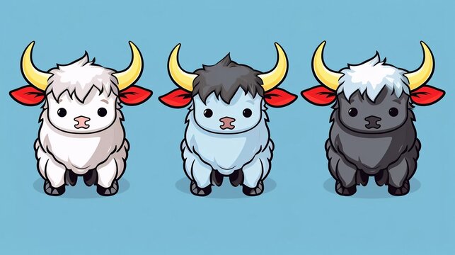 Set of three different cute bulls. Black and white colors. Colorful trendy Vector Illustration