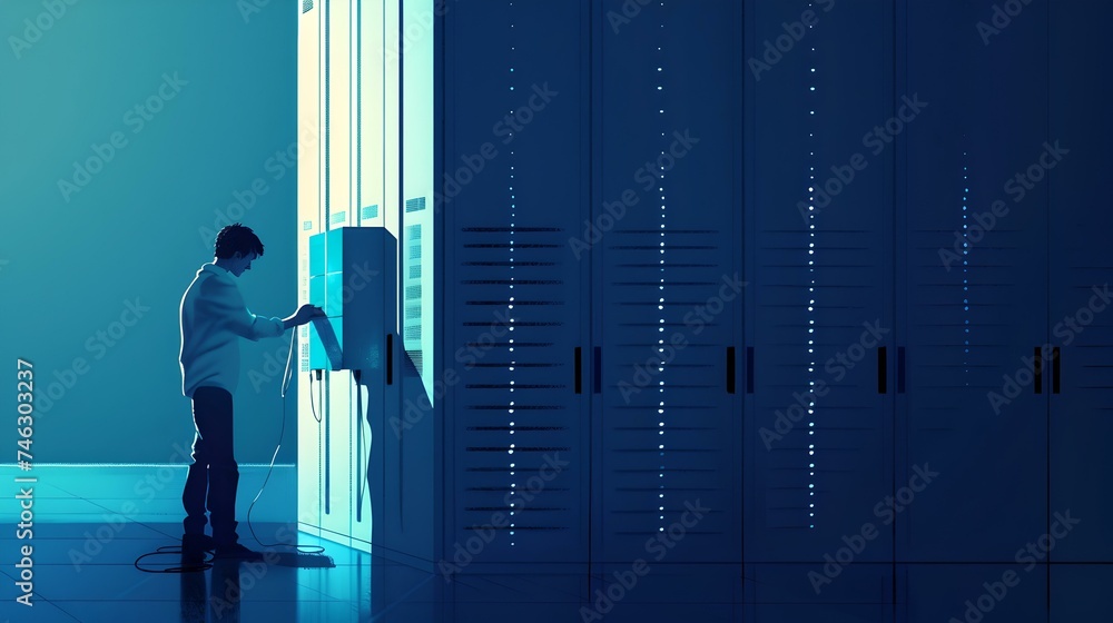 Poster silhouette of a person in a server room checking equipment. futuristic blue lighting. technology and