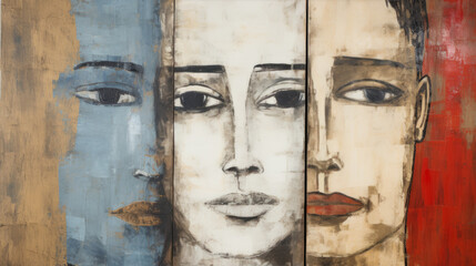 A painting of three different women's faces on a wall, a trio. - obrazy, fototapety, plakaty