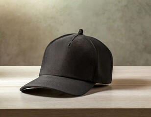 Black cap mock up on table wooden grey background in mockup for design