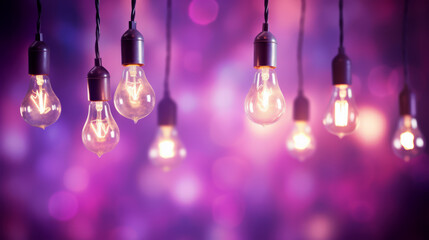A bunch of light bulbs hanging from a ceiling, purple lights. - obrazy, fototapety, plakaty
