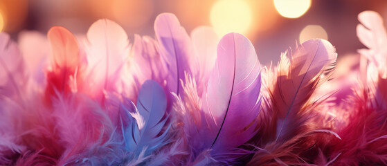 A bunch of beautiful feathers, glowing feathers, soft feather. - obrazy, fototapety, plakaty