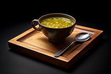 A bowl of soup with a spoon on a wooden tray, perfect crisp sunlight, bone.