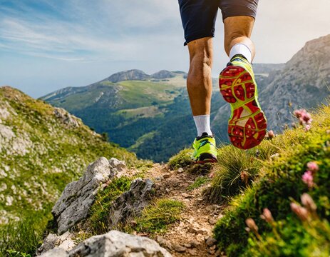 sports shoes legs of athletes trail running in the mountain in training on summer day for trekking