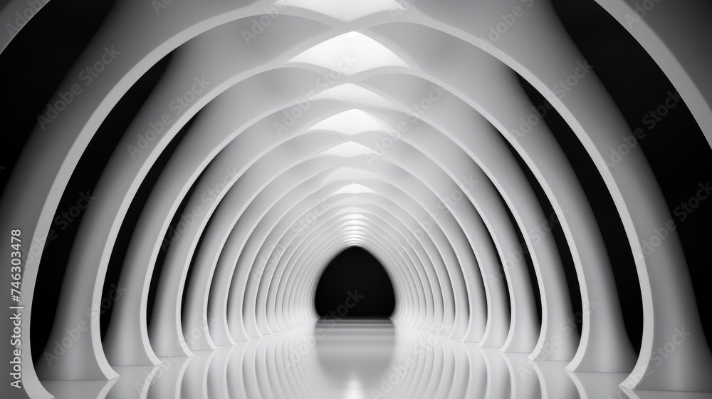 Wall mural A black and white photo of a futuristic hall, a tunnel, claustrophobic and futuristic, convoluted halls.