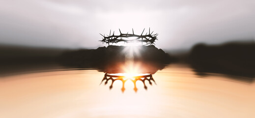The crown of thorns symbolizing the suffering and trials of Jesus Christ and the crown of heaven reflected in the water, Passion Week and Easter background
 - obrazy, fototapety, plakaty