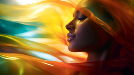 A woman with her hair blowing in the wind, glowing with colored light, flowing backlit hair, silk flowing in wind.