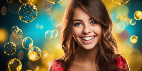 Naklejka premium A beautiful young woman smiling in front of bubbles, beautiful smiling face.