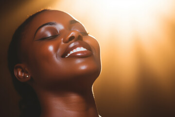 A woman with a backlit beautiful face, her eyes closed, and transparent vibrant glowing skin.