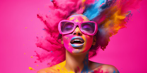 A woman with colorful paint on her face, vivid vibrant colors, a portrait of happy colors, color explosion.
