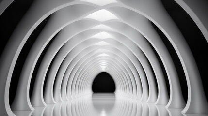 A black and white photo of a futuristic hall, a tunnel, claustrophobic and futuristic, convoluted halls.