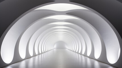 A long white tunnel with a light at the end, futuristic hall, infinite hallway, claustrophobic and futuristic.