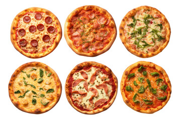 Fototapeta na wymiar six pizzas with different toppings. Each pizza features a unique combination of ingredients including cheese, pepperoni, mushrooms, peppers, onions, and olives. On PNG Transparent Clear Background.