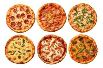 six pizzas with different toppings. Each pizza features a unique combination of ingredients including cheese, pepperoni, mushrooms, peppers, onions, and olives. On PNG Transparent Clear Background.