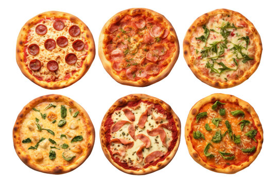 six pizzas with different toppings. Each pizza features a unique combination of ingredients including cheese, pepperoni, mushrooms, peppers, onions, and olives. On PNG Transparent Clear Background.