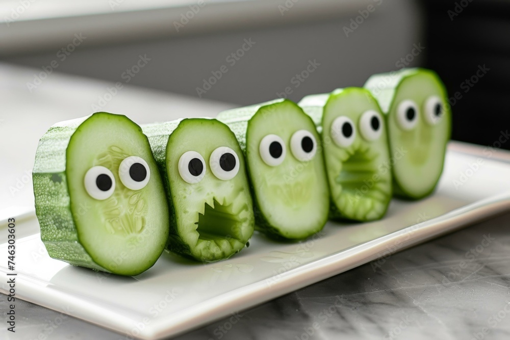 Poster a plate with cucumber slices with eyes and googly eyes. generative ai.
