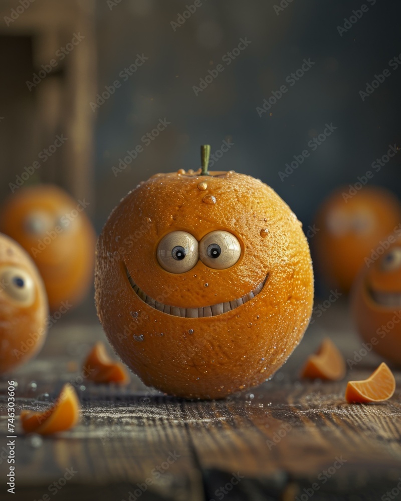 Poster a group of oranges with faces and eyes. generative ai.