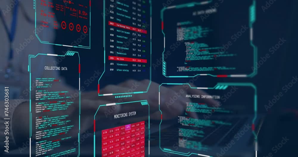 Poster animation of digital data processing on screens over caucasian man using laptop