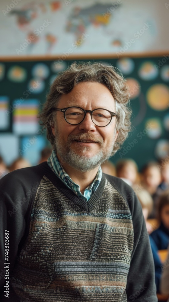 Poster a man with glasses and a sweater standing in front of a classroom. generative ai.