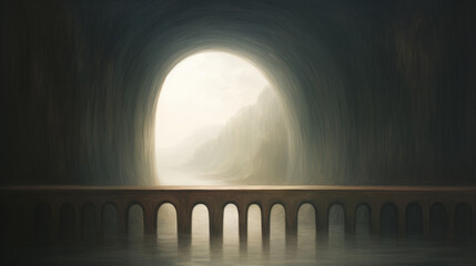 A surreal dream landscape, a painting of a light at the end of a tunnel, symmetrical fantasy landscape.