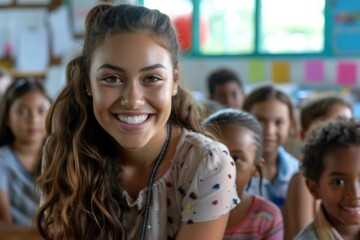 Fototapeta premium A smiling woman in front of a classroom of children. Generative AI.