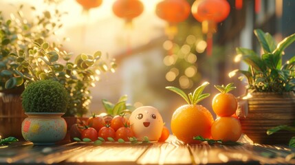 Fototapeta na wymiar An orange and egg on a table with plants. Generative AI.