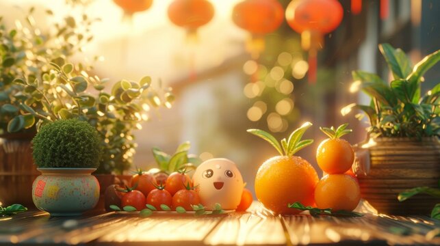 An orange and egg on a table with plants. Generative AI.