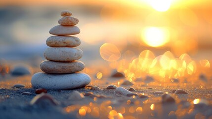 Zen stones on the beach at sunset. Generative AI.