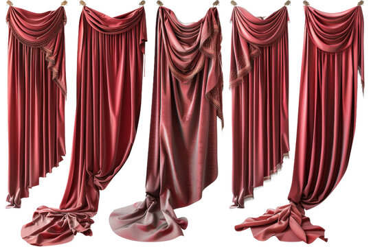 Three Red Drapes and a Curtain. Three vibrant red drapes elegantly hang from a curtain rod alongside a coordinating curtain. On PNG Transparent Clear Background.