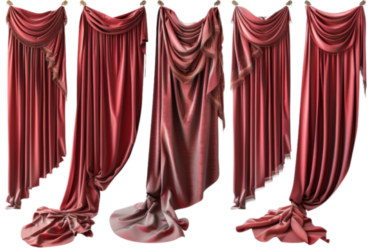 Three Red Drapes and a Curtain. Three vibrant red drapes elegantly hang from a curtain rod alongside a coordinating curtain. On PNG Transparent Clear Background.