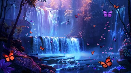Enchanting waterfall in a magical forest at twilight. butterflies fluttering, lush vegetation, serene scene for relaxation and fantasy. AI