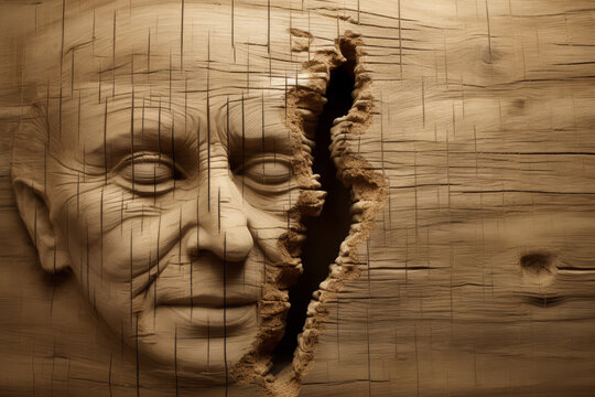 A sculpture made of wood, a tortured face of a man carved in wood.