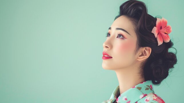 Retro style Asian woman dressed in vintage fashion a nostalgic pose against a pastel green background with copyspace
