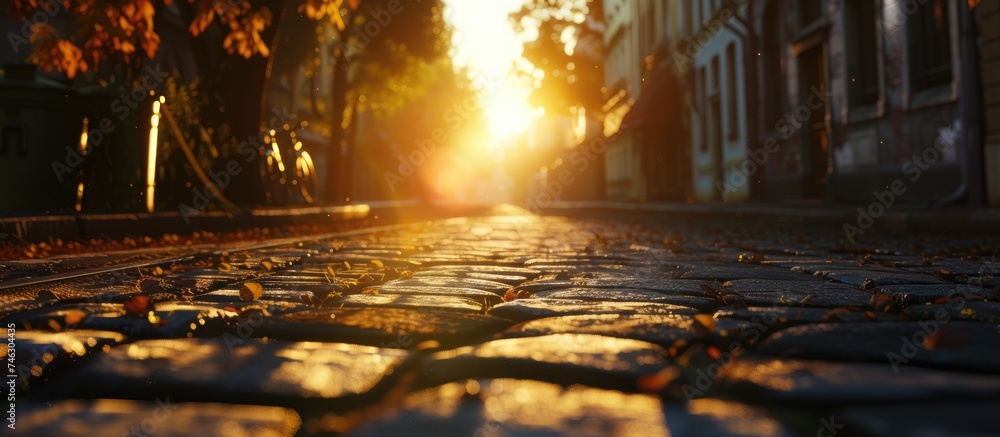 Aufkleber the sun is setting on a cobblestone street, casting a warm glow on the uneven stones and creating a 
