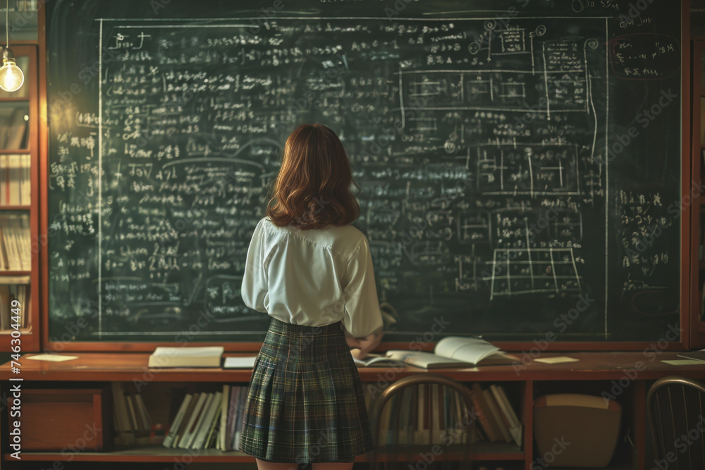 Aufkleber female student solving complex mathematics on blackboard in classroom. education and intelligence.