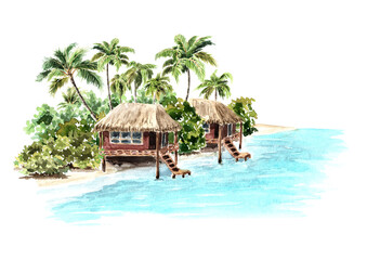 Tropical island with palm trees and huts on the water. Sea, sand and blue sky, summer vacation concept.  Hand drawn watercolor illustration isolated on white background