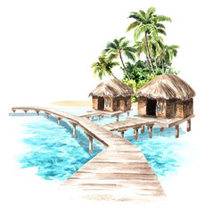 Tropical palm bay and huts on the water.   Sea, sand and blue sky, summer vacation concept. Hand drawn watercolor illustration isolated on white background