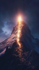 Huge mountain to the top of which a bright line of light leads to the top, the top is illuminated from behind, symbolic path to success, goal achievement