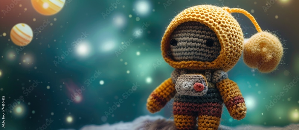 Poster a small crocheted toy is balanced upright on a large rock, displaying intricate stitching and crafts