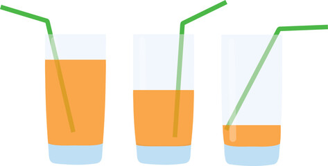 Glasses with fresh sparkling orange or carrot juice and straw. Set of flat icons isolated on checkered background. Orange liquid in transparent container