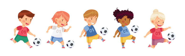 Happy Kids Play Football Enjoy Team Sport Game Vector Set