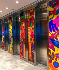 Elevator access doors painted with pop art stories lifting spirits