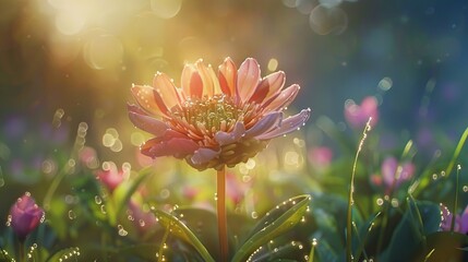 Flower shines bright, early sun highlights colors, dewdrops add sparkle. Single flower stands tall, morning dew highlights its beauty.