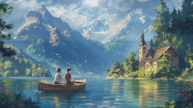 beautiful village scenery with lakes, mountain and wooden boat

